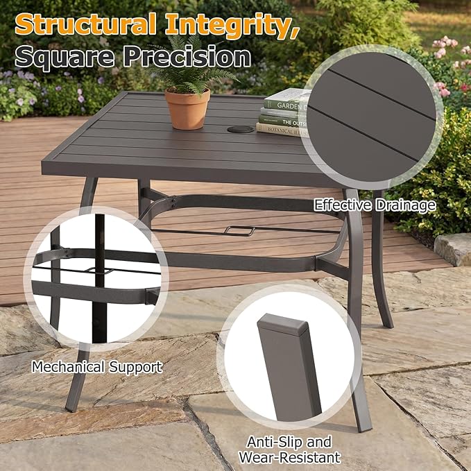EROMMY 5-Piece Outdoor Patio Dining Set, 4 Metal Slat Chairs & Square Table with Umbrella Hole, All-Weather Patio Furniture for Backyard, Deck and Garden