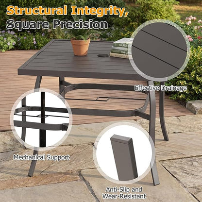 EROMMY 5-Piece Outdoor Patio Dining Set, 4 Metal Slat Chairs & Square Table with Umbrella Hole, All-Weather Patio Furniture for Backyard, Deck and Garden