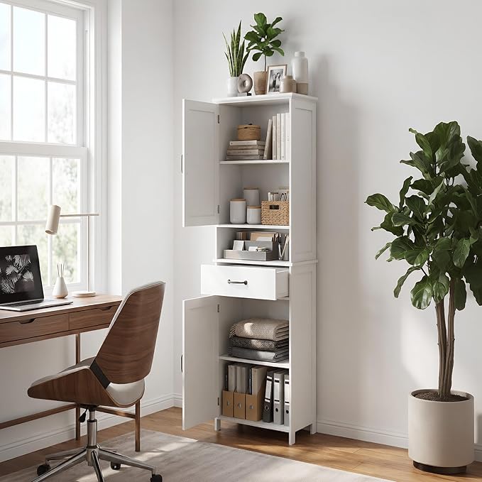 Casaphoria Tall Bathroom Storage Cabinet, 65" H Narrow Floor Cabinet with 2 Barn Doors and 1 Drawer, Freestanding Linen Tower with Adjustable Shelves, Anti-Tipping, White