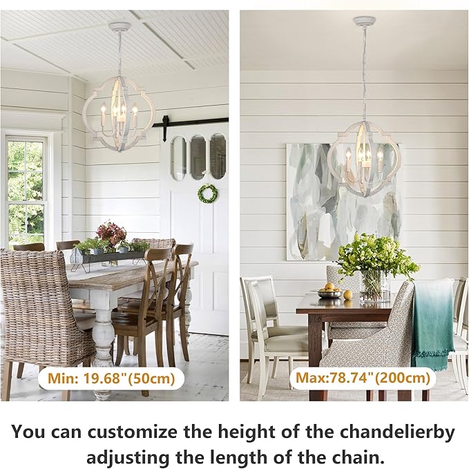 White Farmhouse Orb Chandelier for Dining Room- 4 Light Modern Pendant Light Fixture, Rustic Wood Hanging Lights for Kitchen Island Living Room Bedroom Entryway