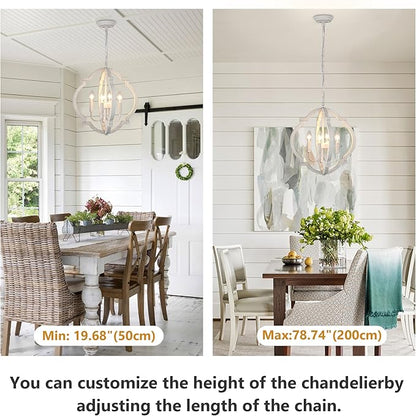 White Farmhouse Orb Chandelier for Dining Room- 4 Light Modern Pendant Light Fixture, Rustic Wood Hanging Lights for Kitchen Island Living Room Bedroom Entryway
