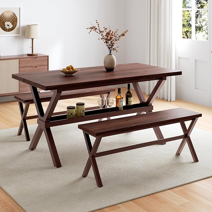 HIPIHOM 63" MDF Kitchen Table Set for 4 with Storage Shelves, Wooden Dining Table with 2 Benches, Thickened Surface and Strong Metal Frame, for Small Apartment Furniture Compact Dining Areas