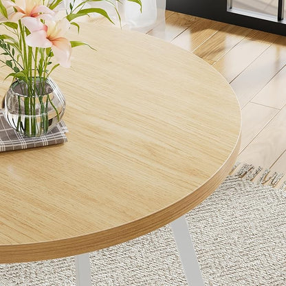 VECELO 35" Round Dining Table for 4, Wood-Grain Tabletop & Heavy-Duty Steel Frame, for Kitchen, Living Room, Easy Assembly, Natural & White
