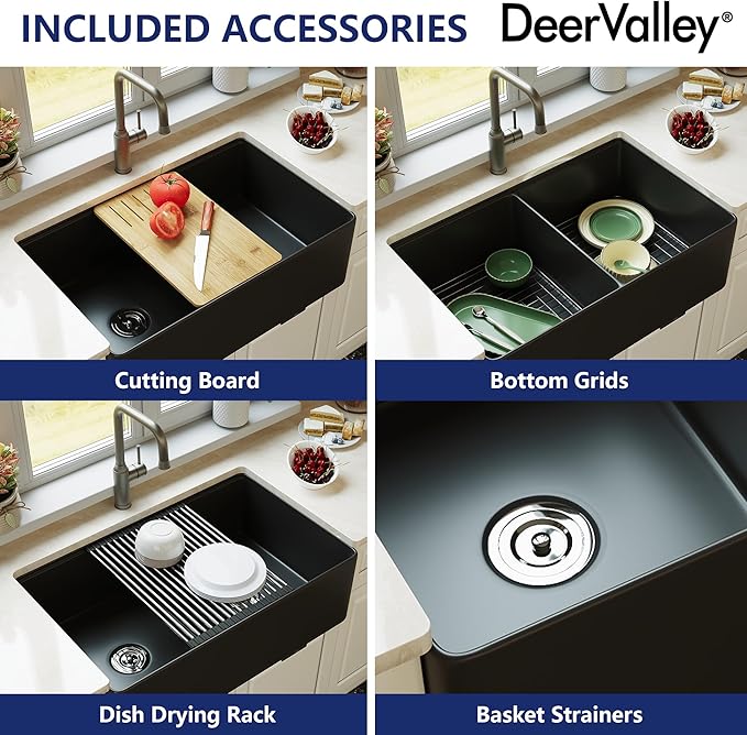 DeerValley Farmhouse Sink Workstation 33 inch, Black Fireclay Apron Front Farm Sinks, Double Bowl Deep Drop-in Undermount Sink with Workstation Accessories