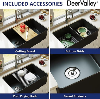 DeerValley Farmhouse Sink Workstation 33 inch, Black Fireclay Apron Front Farm Sinks, Double Bowl Deep Drop-in Undermount Sink with Workstation Accessories
