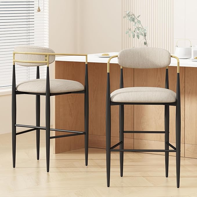 Gecheer Bar Stools Set of 2 with Backs, 29.75" Height for Kitchen Island, Beige Fabric & Iron Frame, 260 lbs Capacity Multiple Family Members can use it for Daily Dining, Resting YHS-N779P248198B