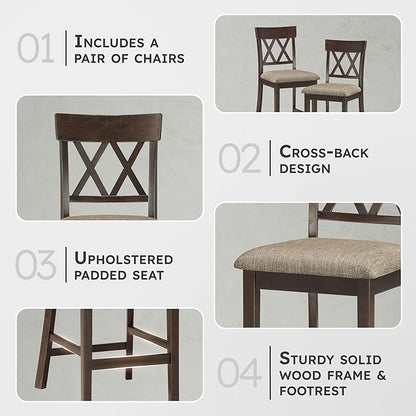 Lexicon Counter Height Stools Set of 2 - Attis Kitchen Counter Stools Set of 2, Upholstered Padded 25.5" Seat Height, Sturdy Solid Wood, Farmhouse Kitchen Chairs, Cross Back, Dark Brown