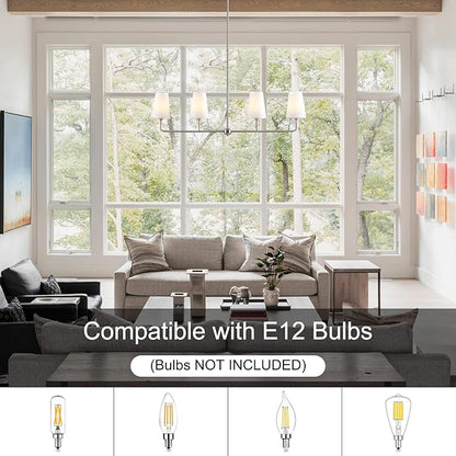 Brushed Nickel Chandelier for Kitchen Island 4-Light Linear Chandeliers for Dining Room Modern Farmhouse Classic Light Fixture with White Linen Shades Over Dining Table