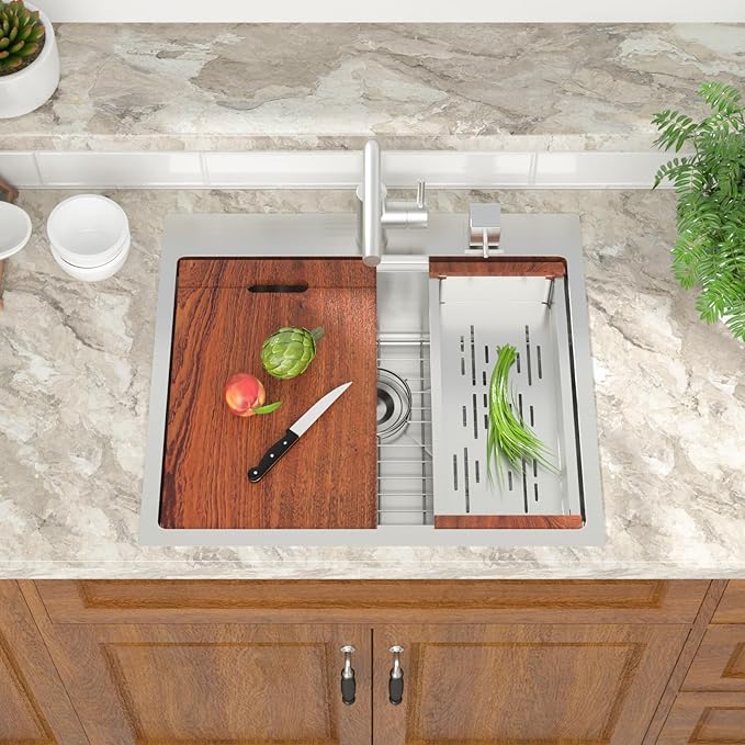 Mocoloo 25 Inch Kitchen Sink with Faucet, 16 Gauge Drop in Workstation Sink - 25x22x9" Stainless Steel Single Bowl Small Rv Kitchen Sink with Pull-Out Faucet
