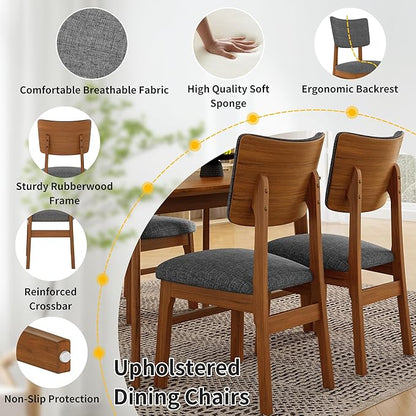 VilroCaz Mid-Century Modern Dining Table Set for 4, Solid Wood Dining Table and 4 Upholstered Chairs, 5 Piece Farmhouse Dining Set for Home, Kitchen, Space Saving (Brown+Gray-1s)