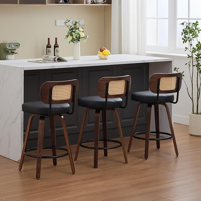 Modern Dining Chairs,Set of 3,26 inch Rattan Counter Height Stools,Ergonomic Supportive,Sturdy Upholstered Seat,Walnut Craftsmanship Swivel for Kitchen Island Natural Simple Stylish Design,Black-PULea