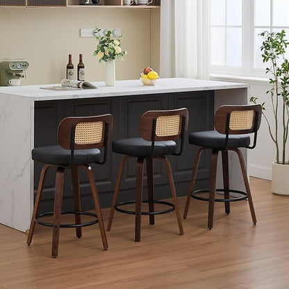 Set of 3 Counter Height Bar Stools 26 inch Rattan Counter Height Stools with Cane Back, Upholstered Seat, Walnut Craftsmanship, Swivel Counter Stools for Island,Kitchen,Counter,Bar (Walnut,Black)