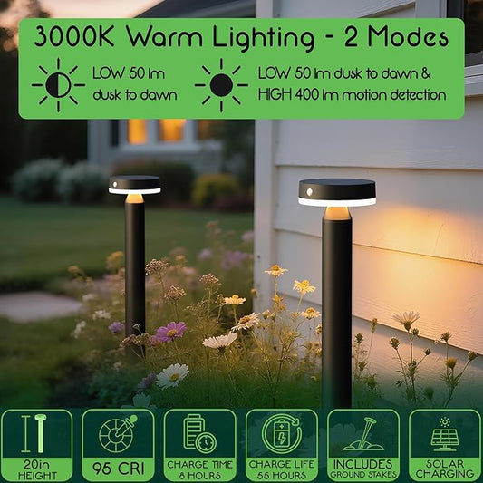 20" Solar Landscape Lights - Outdoor Solar Lights for Yard - PIR Sensor & Two Light Modes - 50lm & 400lm - Rechargeable Battery Last Up to 55 Hours - 3000K - IP44 Weather Resistant - 4 Pack