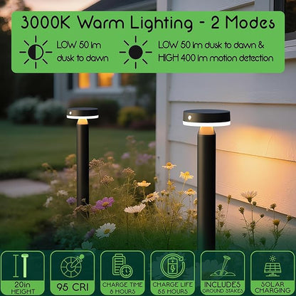 20" Solar Landscape Lights - Outdoor Solar Lights for Yard - PIR Sensor & Two Light Modes - 50lm & 400lm - Rechargeable Battery Last Up to 55 Hours - 3000K - IP44 Weather Resistant - 2 Pack