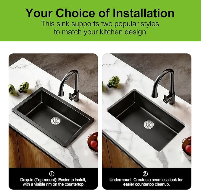 Kitsitchen 30 Inch Black Kitchen Sink, 30" x 18" Matte Black Granite Composite Kitchen Sink with Drain Assembly & Bottom Gird, 9" Undermount Kitchen Sink for Daily Life