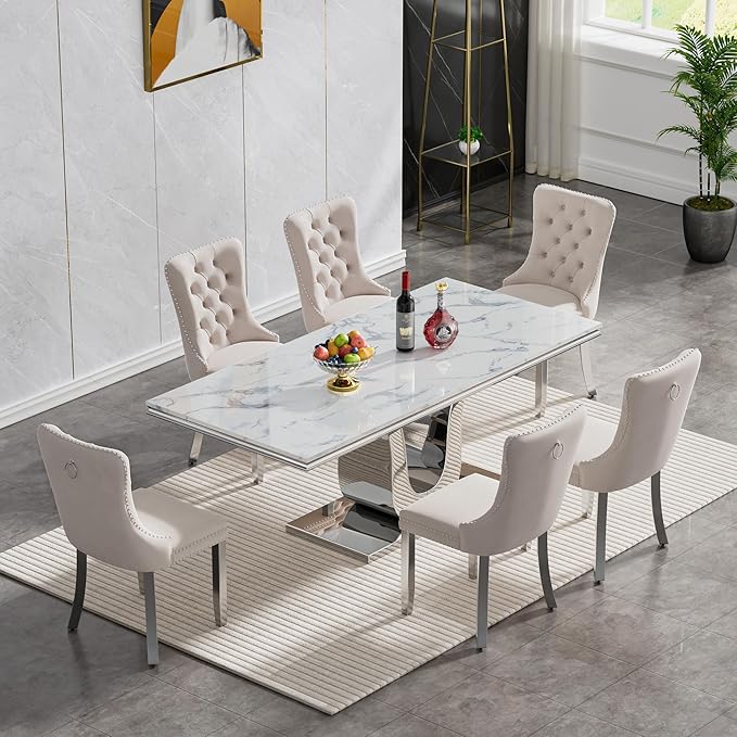 Henf 68" Modern Dining Table for 6, White Marble Kitchen Dining Room Table for 8, Large Rectangular Faux Marble Top and Silver U-Shape Steel Base, Rectangle Pedestal Table for Kitchen, Dining Room