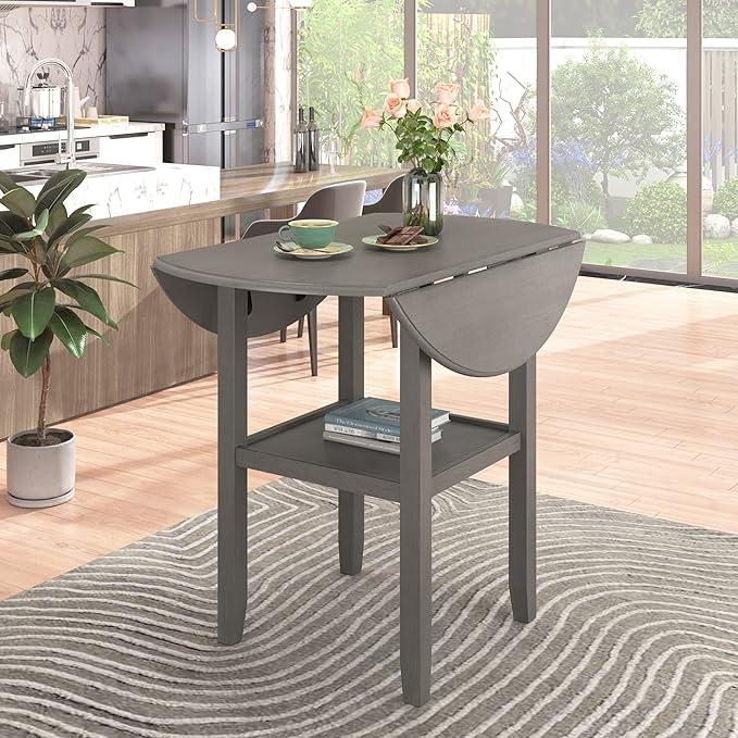 Modern Rustic 3 Piece Round Counter Height Dining Table Set with with Drop Leaf Table,Bottom Shelf and 2 Padded Chairs,Wooden Kitchen Furniture for Small Places