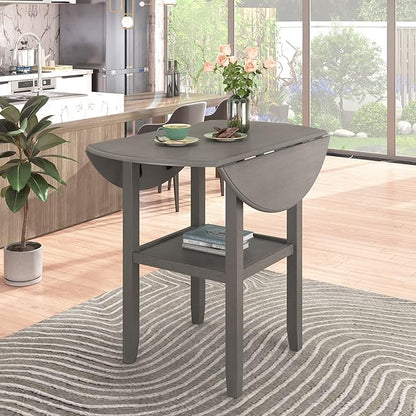 Modern Rustic 3 Piece Round Counter Height Dining Table Set with with Drop Leaf Table,Bottom Shelf and 2 Padded Chairs,Wooden Kitchen Furniture for Small Places