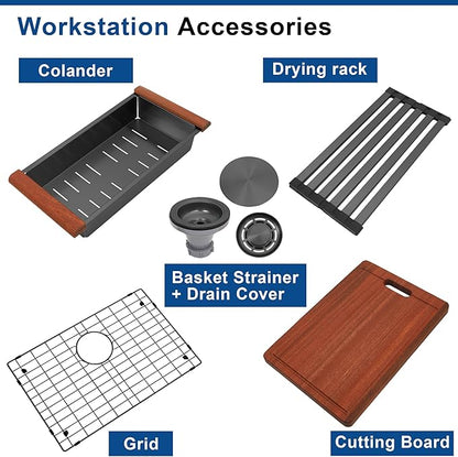 30 Inch Farmhouse Black Sink, 16 Gauge 304 Stainless Steel Farm Sinks, Drop In Topmount Single Bowl Workstation Sink with all Accessories, 30" x 22" x 10" Deep Kitchen Sink