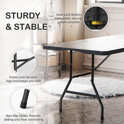 Folding Table 6 Foot for Indoor Outdoor, Portable Heavy Duty Fold-in-Half Utility Plastic Foldable Dining Table with Carrying Handle for Picnic, Camping and Party, Matte Black