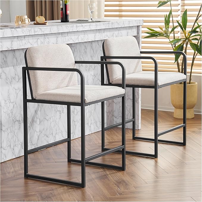Bar Stools Set of 2, Counter Height with Armrests - Beige Modern Kitchen Island Chairs