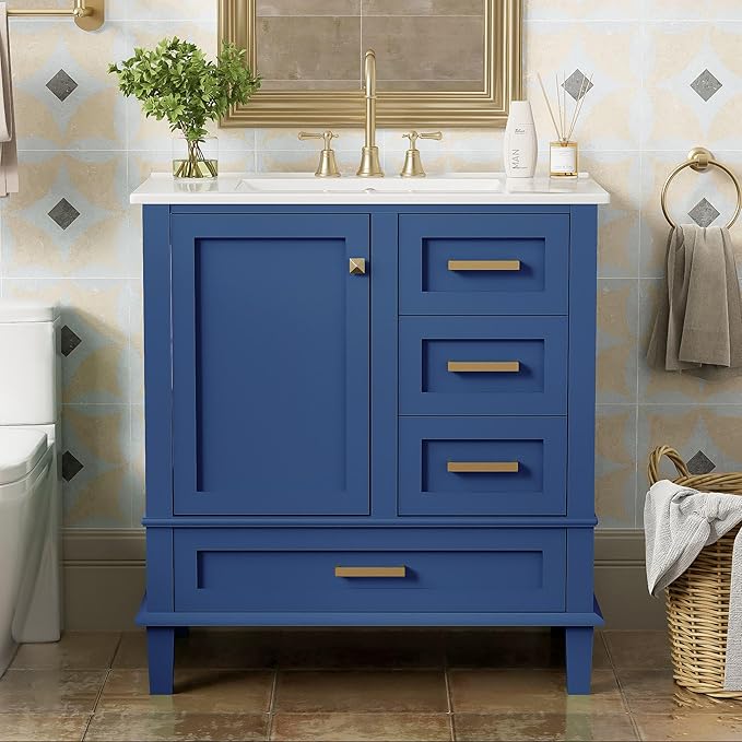 GDFStudio 30" Bathroom Vanity Sink Combo with 3 Drawers & 1 Soft Closing Door Floor Mount Freestanding Wood Bathroom Storage Cabinet Set with Ceramic Basin Sink Top for Small Bathroom Space, Blue