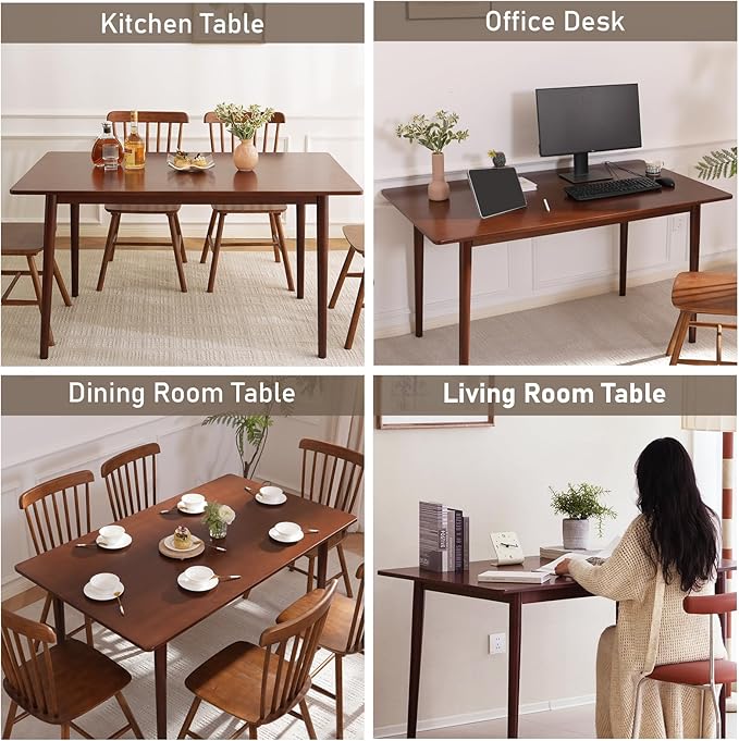 BAKEVE Bamboo Dining Table for 4-6-8 Person- 55'' Solid Wood Kitchen Table, Mid Century Modern Desk, Farmhouse Rectangular Dining Room Table for Living Room, Office, Kitchen and Study (Walnut)