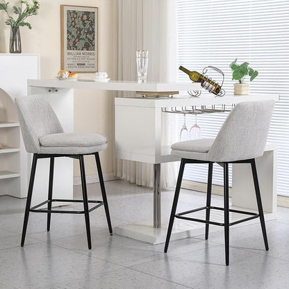 Counter Height Swivel Bar Stools Set of 2, 360° Swivel Upholstered Barstools with Back and Metal Legs, 25.6" Seat Height,Counter Stools for Kitchen Island and Pub,Linen Cloth