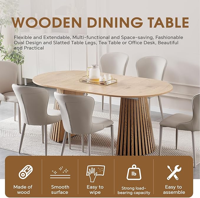 39.37-70.87 in Extendable Round Dining Table for 4 6 8, Modern Farmhouse Oval Dining Table with Removable Leaves & Solid Slatted Base, Wooden Expandable Dining Room Table for Kitchen Living Room