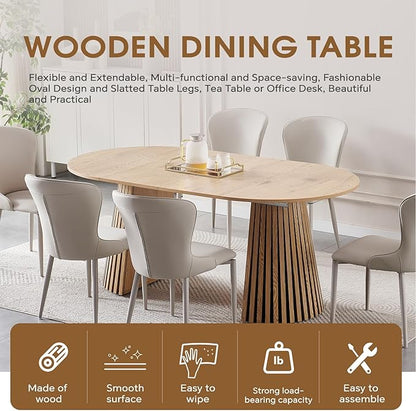 39.37-70.87 in Extendable Round Dining Table for 4 6 8, Modern Farmhouse Oval Dining Table with Removable Leaves & Solid Slatted Base, Wooden Expandable Dining Room Table for Kitchen Living Room