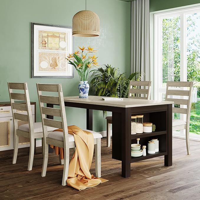 5-Piece Dining Table Set, Wood Rectangular Kitchen Table Set with 2-Tier Storage Shelves for 4 Persons, Farmhouse Dining Room Set with 4 Upholstered Chairs Space Saving Bar Pub Table Set