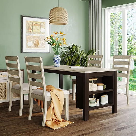 5-Piece Dining Table Set, Wood Rectangular Kitchen Table Set with 2-Tier Storage Shelves for 4 Persons, Farmhouse Dining Room Set with 4 Upholstered Chairs Space Saving Bar Pub Table Set