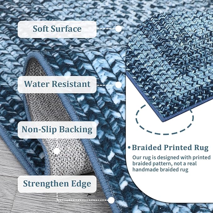 Washable Runner Rug 2x8 Bathroom Rugs Blue Modern Printed Braided Bedroom Rug Non Slip Geometric Area Rug Kitchen Rugs Stain Resistant Carpet for Laundry Room 2'x8' Blue
