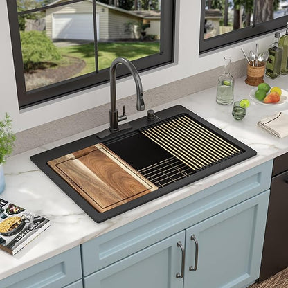 33"x22" Granite Composite Kitchen Sink – Matte Black Ledge Workstation Drop In Top Mount Granite Quartz Classic Luxury Above Counter Single Bowl Sink Basin