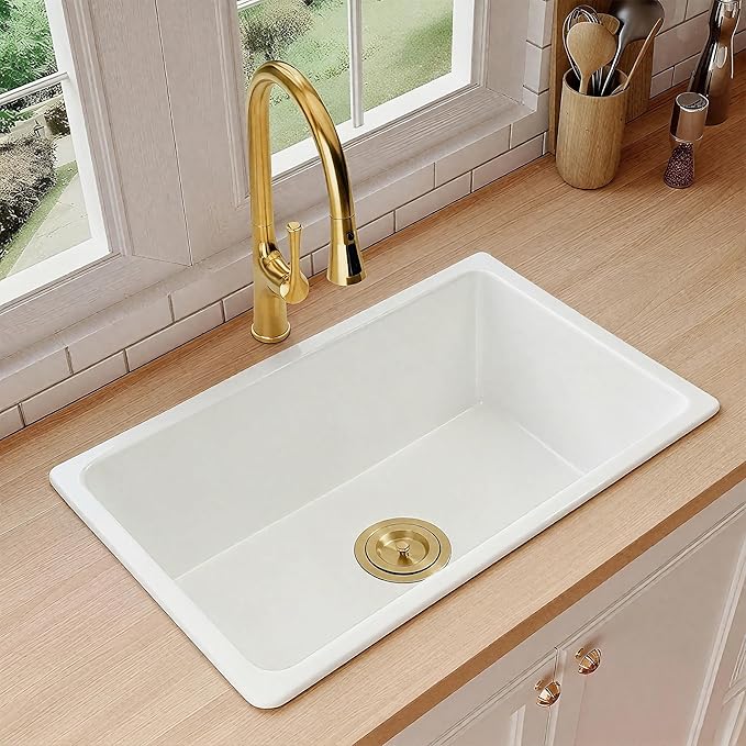 White Undermount Kitchen Sink 31 X 18 inch,Granite Composite Kitchen Sink Undermount/Drop In,Large Single Bowl Kitchen Sinks (White, 31" X 18")