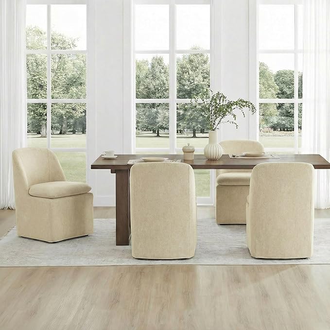 KISLOT Upholstered Dining Chairs Set of 2 with Casters, Modern Side Armless Deskchair with Washable Slipcover & Sturdy Metal Frame for Diningroom Bedroom Livingroom Reading Room, Sand Fabric