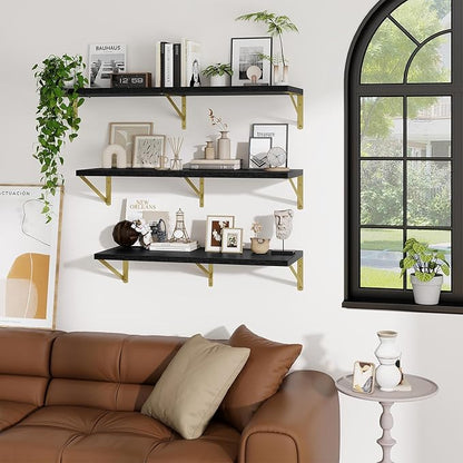 Deep Wall Shelves 36"W x 12"D Engineered Wood Floating Shelves for Wall, Sturdy Metal Bracket(Gold) Bookshelves Home Decor Storage for Living Room Bedroom Bathroom Kitchen, Set of 2, Black Finish