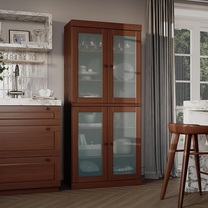 Palace Imports 100% Solid Wood Kitchen Pantry w/ 4 Frosted Glass Doors, Mocha, 32" w x 71.5" h, Renewable Eco-Friendly Wood, Made in Brazil