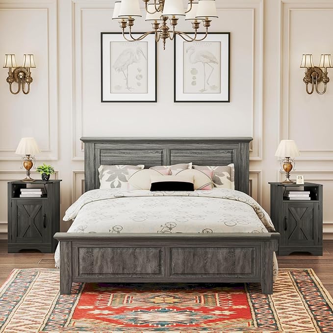 RoyalCraft 25" Tall LED Nightstand with Charging Station, Farmhouse Nightstand with Led Lights, Wooden Rustic Side Table for Bedroom, Dark Grey End Table with Storage