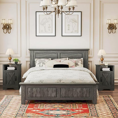RoyalCraft 25" Tall LED Nightstand with Charging Station, Farmhouse Nightstand with Led Lights, Wooden Rustic Side Table for Bedroom, Dark Grey End Table with Storage