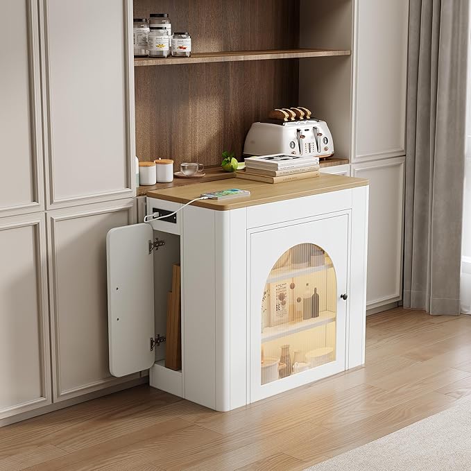 Extendable Dining Table with Storage Cabinet, Shelves and Power Outlet, Modern Kitchen Table with 3 Removable Middle Leaves, Island Table for Kitchen, Dining Room, Home Bar(Cream White + Natural)