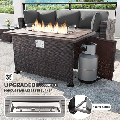 Kullavik 13PCS Outdoor Patio Furniture Set,PE Wicker Rattan Sectional Sofa Patio Conversation Sets with 43" 55000BTU Gas Propane Fire Pit Table,Swivel Rocking Chairs Set,Grey