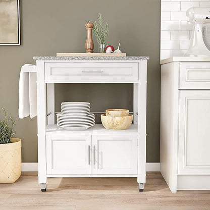 Linon Kyler White Granite Topped Kitchen Cart with Lockable Casters and Hidden Storage Spaces