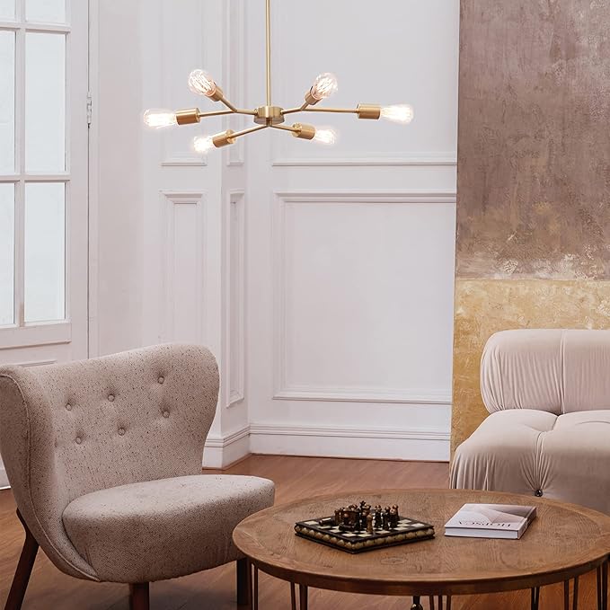 GLOBE Electric Tetra 6-Light Chandelier, Matte Brass, Adjustable Hanging Height