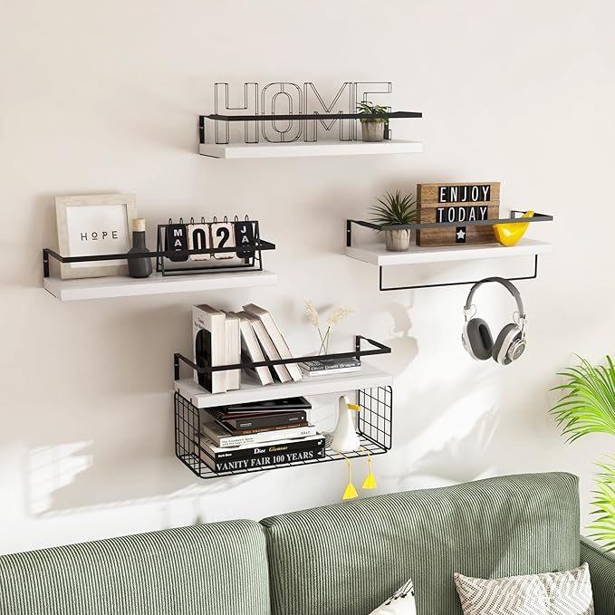 White Wood Floating Shelves Wall Mounted - 4+1 Tier Rustic Bathroom Wall Shelves Over Toilet with Wire Storage Basket and Towel Bar, set of 4 Farmhouse Floating Shelf for Bathroom, Kitchen, Bedroom.