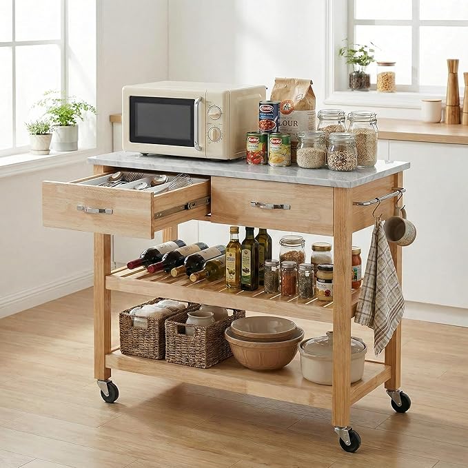 Casaphoria Amanda Collection Solid Wood Kitchen Island, 42" Butcher Block Cart with Cultured Marble Top & Locable Wheels, Prep Table for Small Spaces (Natural)