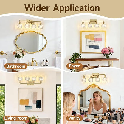 4 Light 27.2 in Bathroom Vanity Light,Rustic Brass Bathroom Lighting Fixtures Over Mirror, Vintage Vanity Mirror Lights Clear Tulip Glass Wall Sconce for Living Room,Bedroom,Hallway,E26 Base