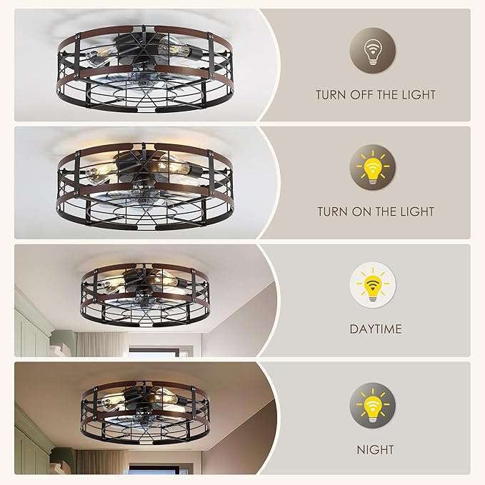 ZYD 20" Caged Ceiling Fan with Light, Farmhouse Cieling Fan with Quiet DC Motor, Rustic Metal Cage with Wood Grain Accent, Ideal for Bedroom, Living Room, Kitchen, Dining Room, Cafés, Restaurants
