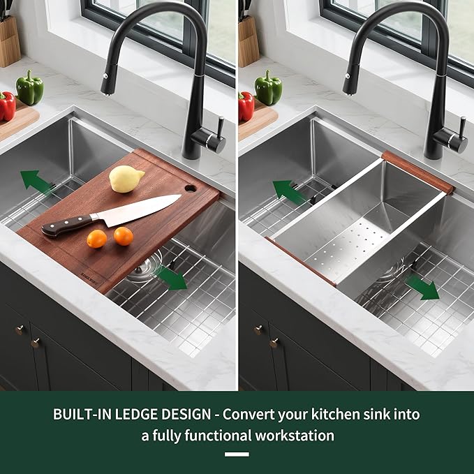 25-inch Undermount Kitchen Sink Workstation, SINKVINE 25x19 Outdoor Sink BBQ, Stainless Steel Single Bowl Basin w/Drain Strainer, Bottom Grid, Roll-up Drying Unit, Wood Cutting Board, Deep Colander