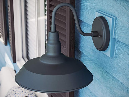 Kenroy Home 14'' Transitional 1-Light Outdoor Wall Sconce Wall Light, Wall Mounted Light with Black Metal Round Shade for Porch, Patio or Garage, Black
